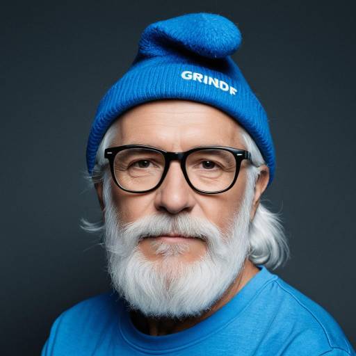 Elderly Man in Blue Smurf Hat and Glasses