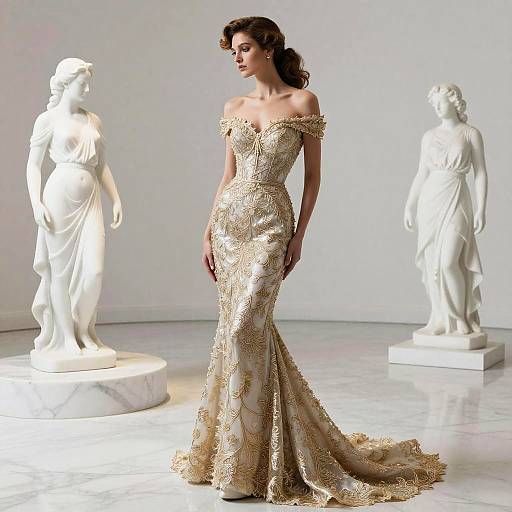 Elegant Woman in Minimalist Marble Gallery