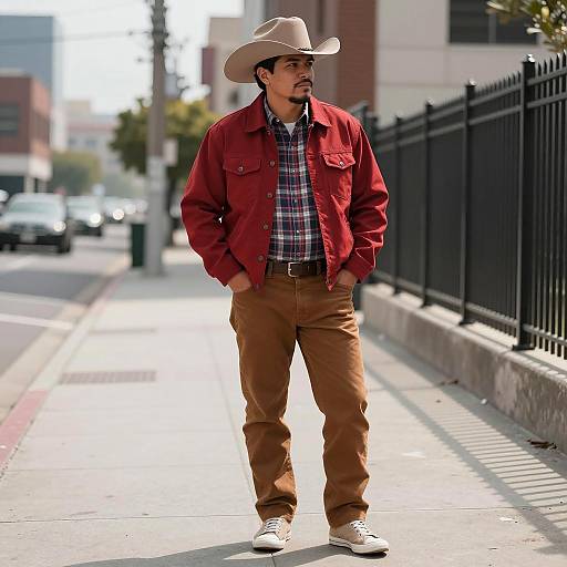 Man in Cowboy Hat Standing on Urban Sidewalk