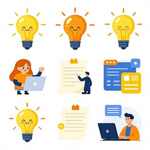 Cartoon illustration of nine bright, colorful elements: three smiling light bulbs, two people working with laptops, one person reading documents, and three technology icons