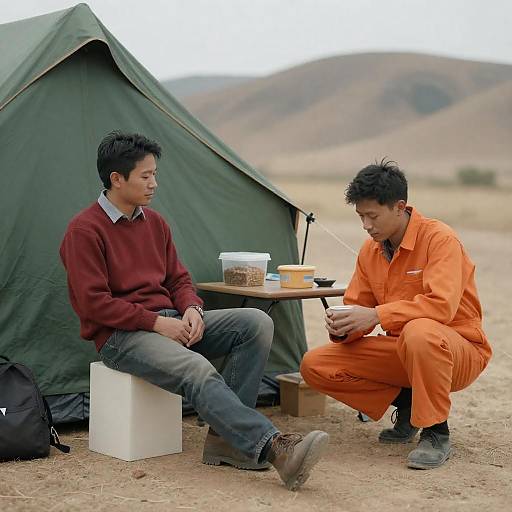 Men Relaxing Near Green Canvas Tent