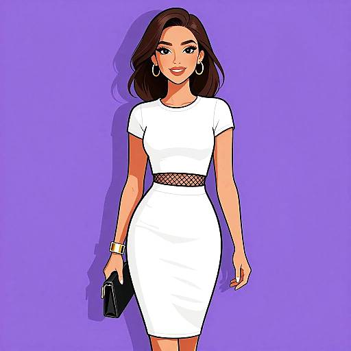 Digital illustration of a confident woman with long brown hair, wearing a white dress with a black lace waistband, holding a black clutch, against a purple