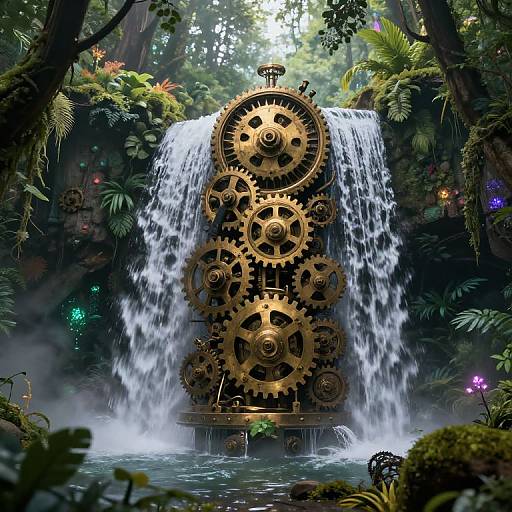 Digital art: Steampunk waterfall with large, gold gear mechanism at center, surrounded by lush greenery and colorful lights, cascading water.
