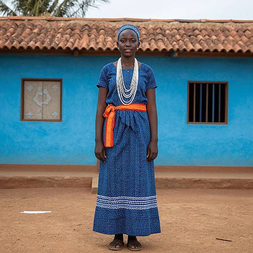 Photograph of a smiling African woman standing in front of a bright blue stucco house with red-tiled roof, wearing a blue patterned dress
