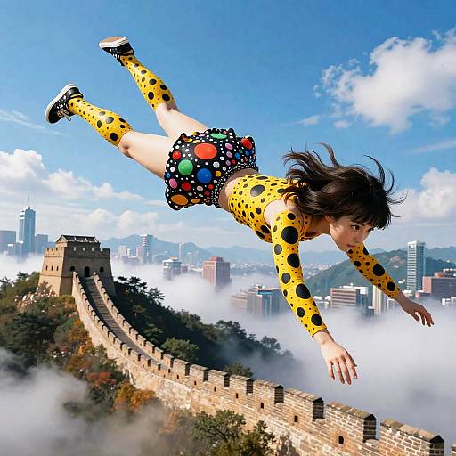 Digital artwork of a girl with black hair, yellow leopard-print outfit, and colorful polka-dot shorts, flying over a Great Wall with a cityscape