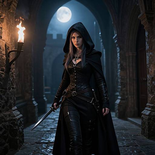 Digital artwork of a mysterious, dark-haired woman in a black hooded cloak, holding a dagger, standing in a dimly lit, Gothic archway