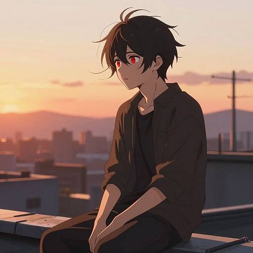 Anime-style digital illustration of a black-haired, red-eyed boy in a dark shirt, sitting on a rooftop at sunset, cityscape background.
