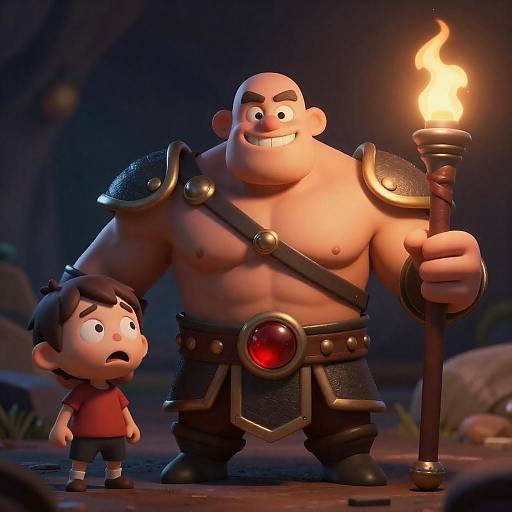 Muscular Cartoon Warrior in Dark Cave