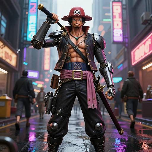 Cyberpunk Android Pirates in Neon Harbor
