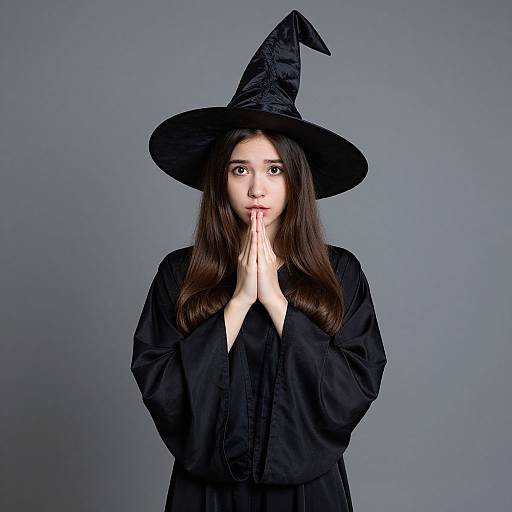Photograph of a young woman with fair skin, long brown hair, wearing a black witch hat and robe, hands pressed to her lips against a gray