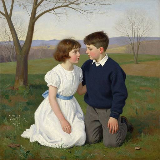 Digital painting of a young couple kneeling in a grassy field; girl in white dress, blue belt, boy in navy sweater, gray pants, g