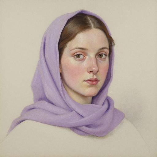 Realistic painting of a fair-skinned woman with brown hair, wearing a lavender headscarf, against a plain white background.