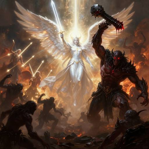 Digital fantasy artwork of a radiant, winged angel with a glowing sword, battling dark, monstrous creatures amidst an explosive, fiery battlefield.