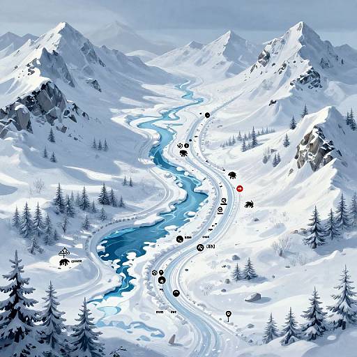 Digital artwork of a snow-covered mountain landscape with a winding blue river, scattered vehicles, and pine trees, under a cloudy sky.