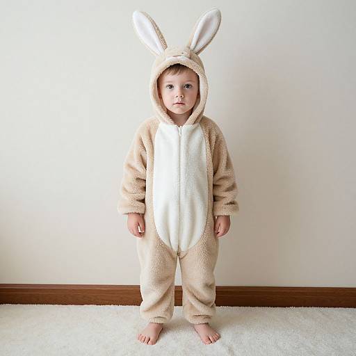 Photograph of a baby in a beige and white bunny-themed onesie with ears, standing on white carpet against a plain white wall.