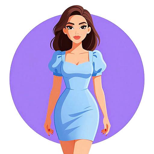 Digital illustration of a beautiful woman with fair skin, dark brown hair, and red lipstick, wearing a light blue, form-fitting dress with puffed