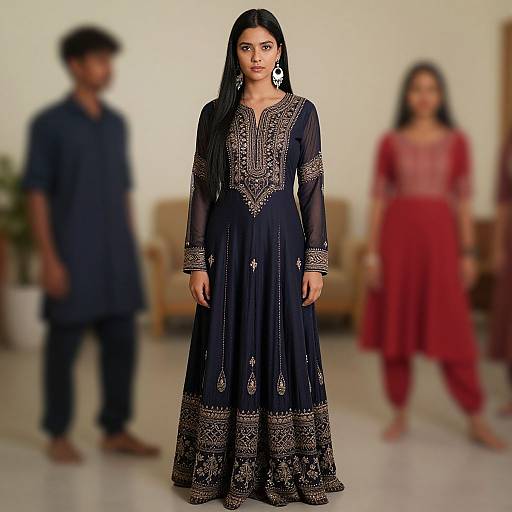 Photograph of a South Asian woman in an ornate black and gold embroidered traditional dress, standing centered in a blurred indoor setting with two blurred individuals in