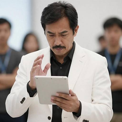 Man in White Blazer Using Tablet