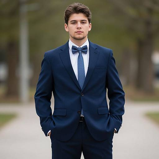 Photograph of a young Caucasian man with dark hair, wearing a black suit, white shirt, and blue polka dot tie, standing with hands in