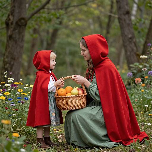 Photograph of a woman and young girl in red hooded cloaks, sitting in a forest garden, exchanging apples from a wicker basket.