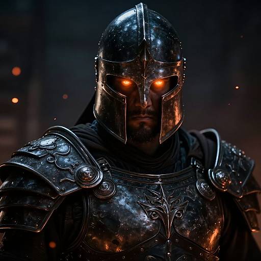 Photorealistic digital art of a menacing knight with glowing orange eyes, wearing reflective, ornate metallic armor in a dark, blurred background.