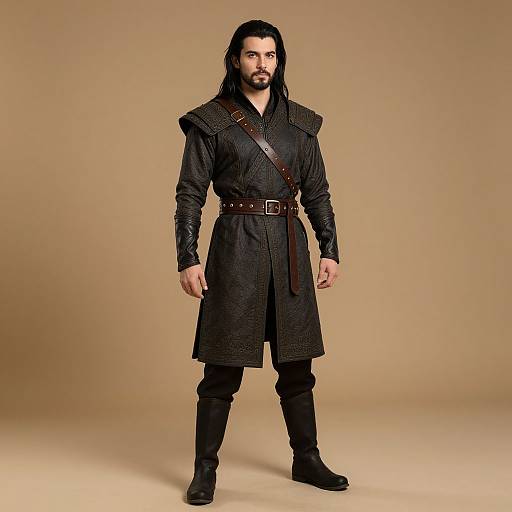 Photograph of a man with long black hair and beard, wearing a black medieval-style coat, brown belt, black pants, and boots, standing against