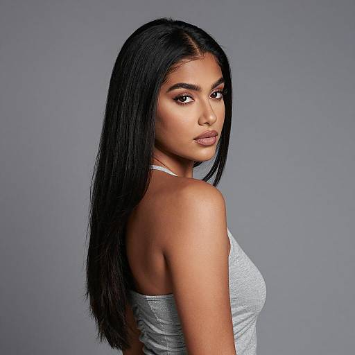 Young Woman with Long Black Hair in Gray Top