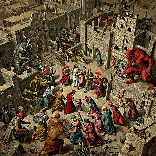 Digital illustration of a chaotic medieval city square with colorful, detailed figures, including a red-skinned giant, armored soldiers, and a central crowd, surrounded
