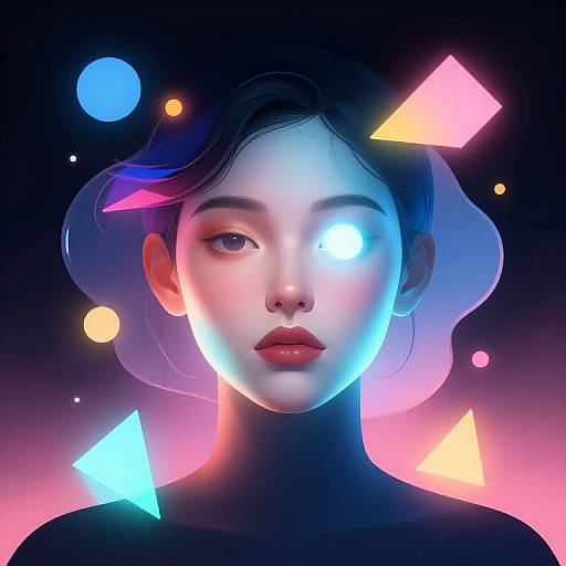 Digital artwork of a woman with glowing blue and white eye, neon geometric shapes, and vibrant colors against a dark background.