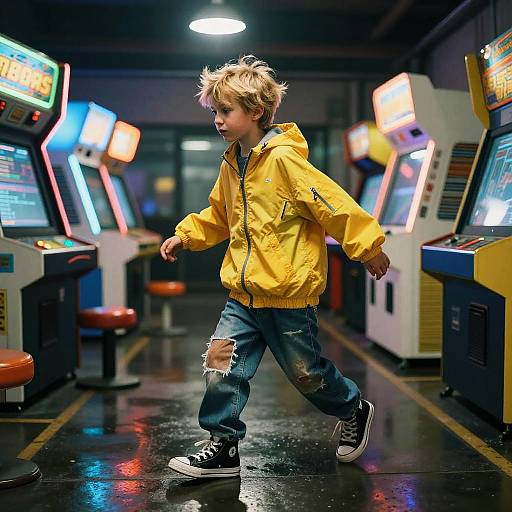 Photograph of a young boy with messy blonde hair, wearing a yellow hoodie, ripped jeans, and black sneakers, running through a brightly lit, colorful