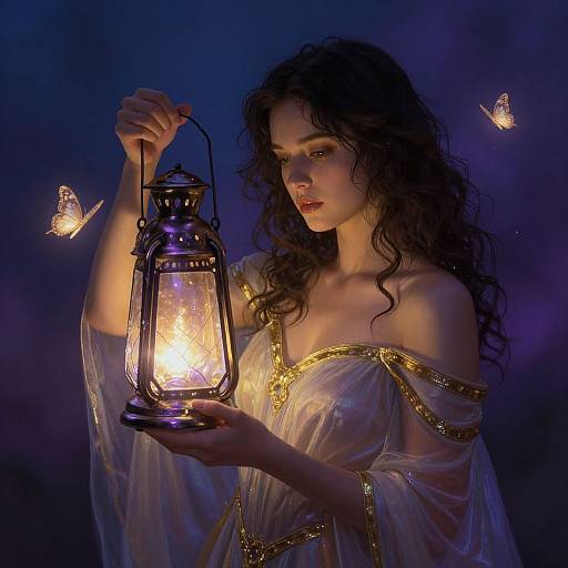 Photograph-style digital artwork of a curly-haired woman in a sheer, gold-embellished dress holding a glowing lantern, surrounded by glowing butterflies against