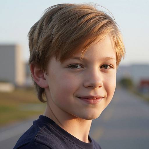 Photograph of a young boy with light brown hair, fair skin, and brown eyes, wearing a navy shirt, smiling gently at the camera in soft