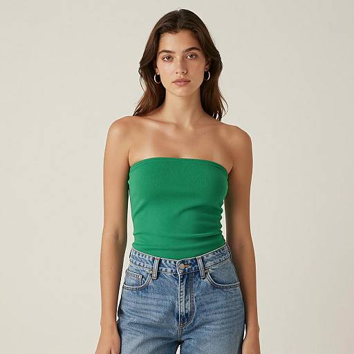 Young Woman in Green Tube Top and Jeans