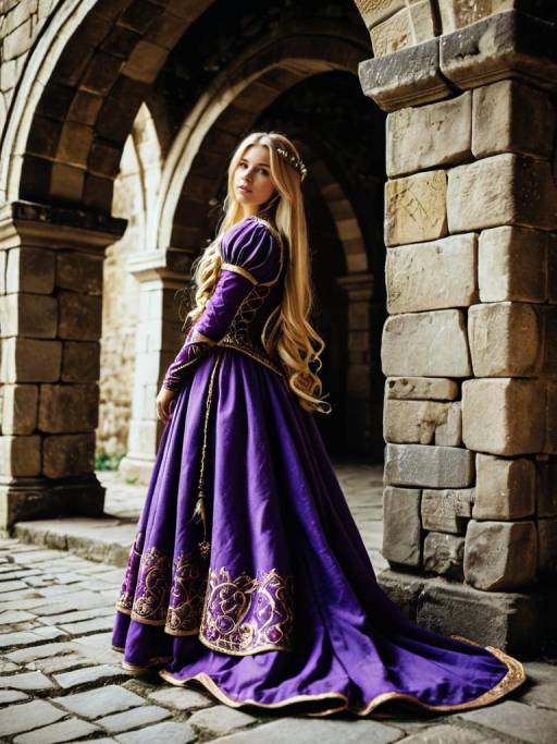 Woman in Medieval Purple Dress Standing in Stone Archway