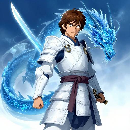Digital anime-style drawing of a brown-haired male warrior in white armor, holding a glowing sword, with a blue, ethereal dragon behind him.