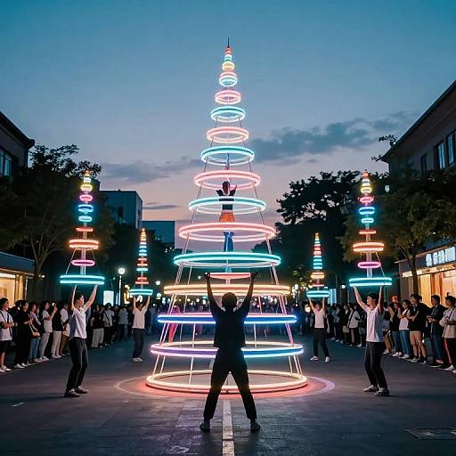 Photograph of a neon-lit, tiered Christmas tree centerpiece at dusk, surrounded by a crowd, with two people dancing in front.