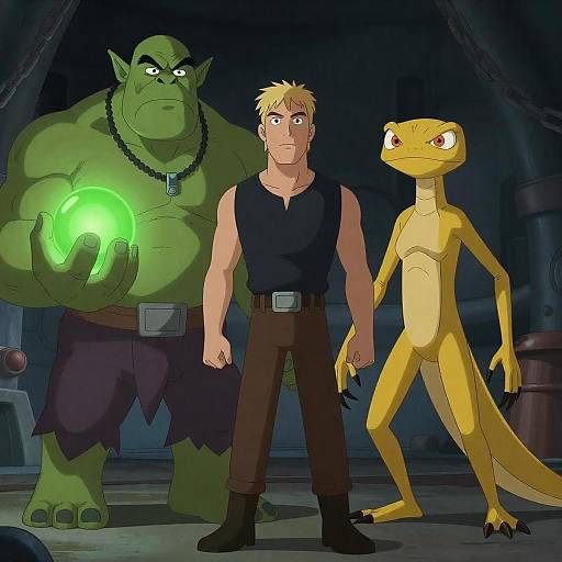 Animated Trio in Dark Industrial Setting