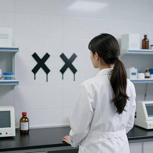 Scientist in Laboratory with Mysterious Wall Art