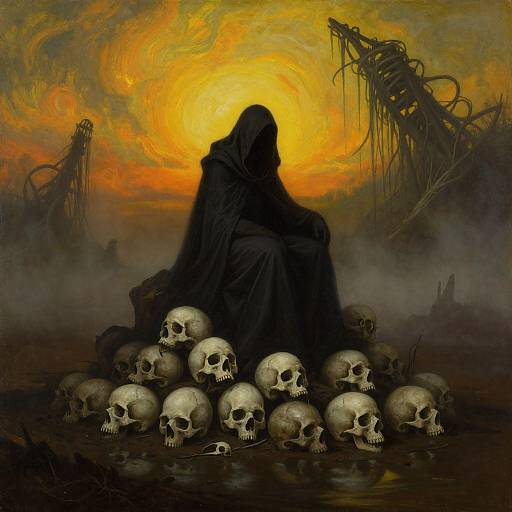 Mysterious black-robed figure sits among skulls at sunset, surrounded by twisted wreckage, in a dark, ominous, digital painting.