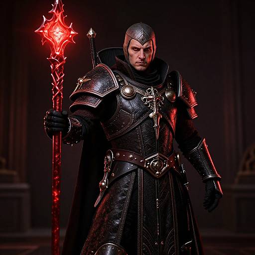 Photorealistic digital artwork of a stern, armored knight with a glowing red staff, wearing dark, ornate plate armor and a black cape, standing