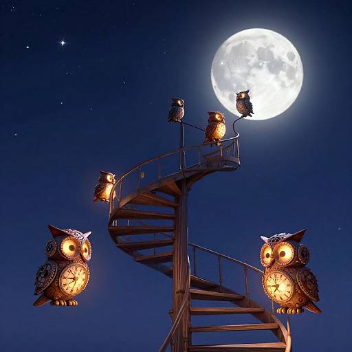 Photograph of illuminated, whimsical owl sculptures on a spiral metal structure against a night sky with a full moon and stars.
