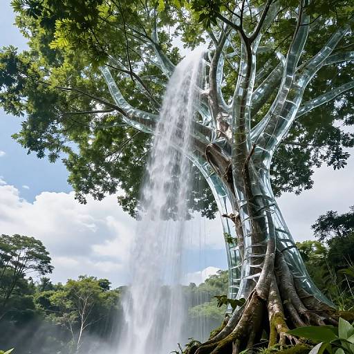 Photograph of a large tree with transparent glass-like strips encasing its trunk, water cascading down from above, surrounded by lush greenery and a