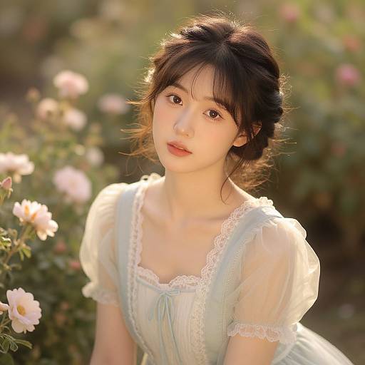 Photograph of an Asian woman with fair skin and black hair in a loose bun, wearing a light blue, lace-trimmed dress, surrounded by