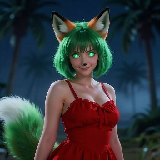 Digital artwork of a green-haired, green-eyed, fox-eared woman in a red dress, standing in a dark, misty forest. Her vibrant