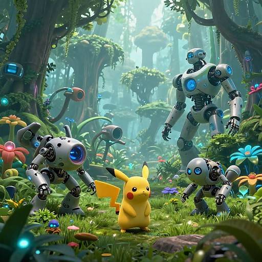 Digital art of a vibrant forest with a yellow Pikachu, three robotic Pokémon, and colorful flowers, illuminated by sunlight.