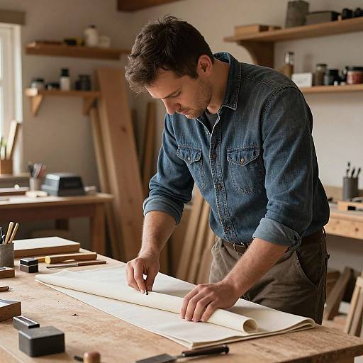 Photograph of a focused, bearded man in denim shirt, cutting wood on a workbench in a cluttered, sunlit woodworking shop.