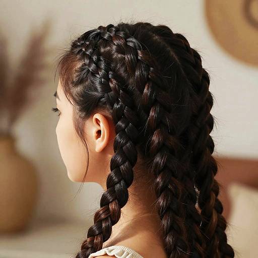 Photograph of a woman with dark braided hair in profile, showcasing intricate braids against a softly blurred, neutral-toned background.
