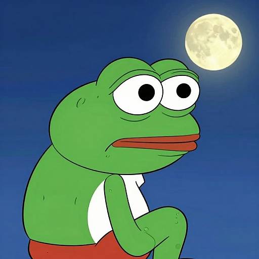 Cartoon green frog with large eyes, red mouth, white shirt, and red shorts, gazing at a bright full moon against a deep blue night