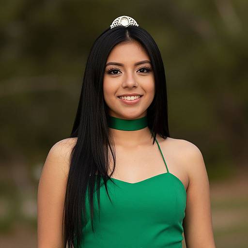 Photograph of a smiling young woman with long black hair, wearing a green dress, green choker, and silver tiara, set against a blurred
