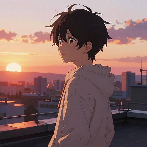 Anime Boy on Rooftop at Sunset